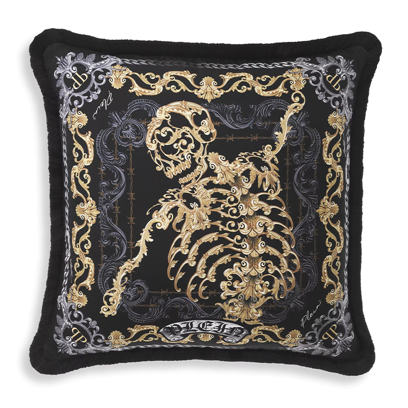 Подушка Philipp Plein Cushion Silk Skeleton 50 x 50 cm Черный Серый Золотой в Санкт-петербурге | Loft Concept 