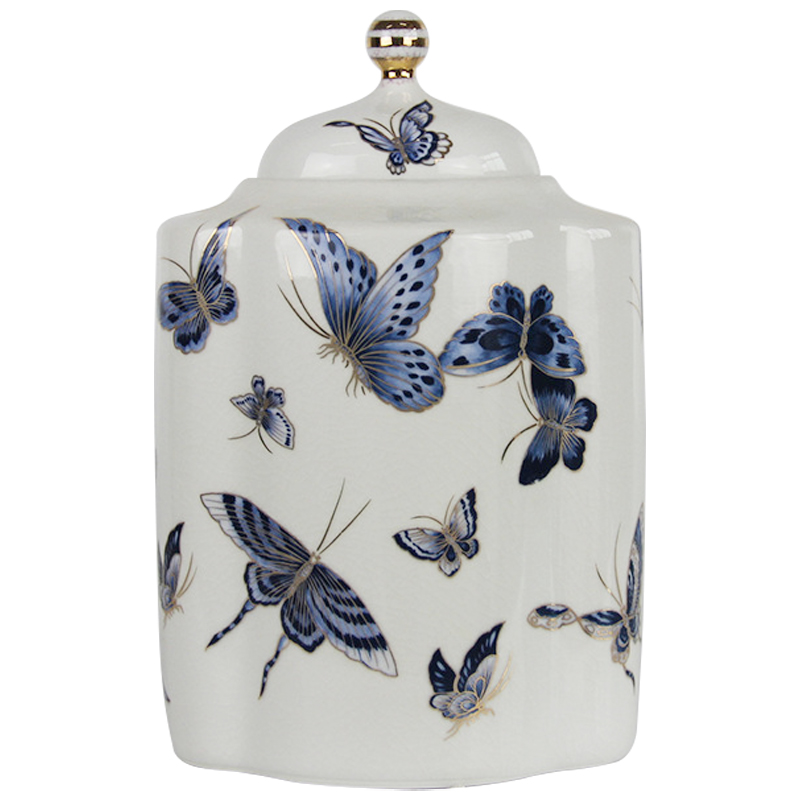 Ваза с крышкой Porcelain Butterfly Blue and Gold Vase Белый Синий Золотой в Санкт-петербурге | Loft Concept 