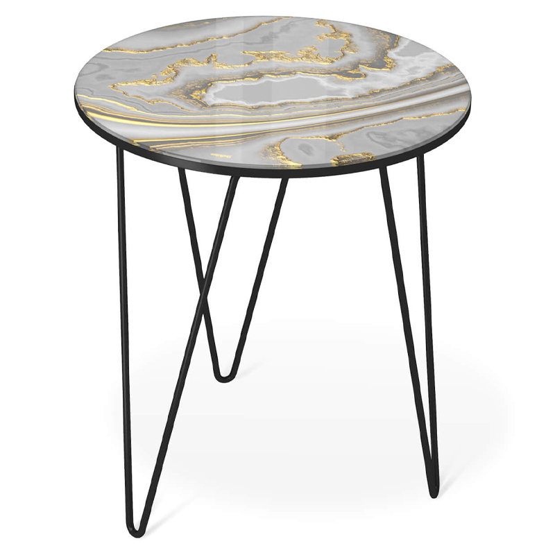 Стол журнальный c круглой столешницей из стекла серого цвета Gray and Gold Marble Черный Золотой Серый в Санкт-петербурге | Loft Concept 