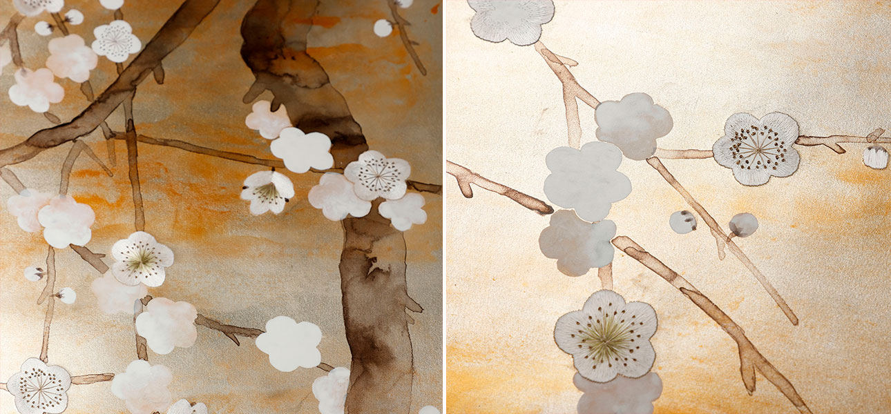 Обои ручная роспись Plum Blossom Special Colourway on White Metal gilded silk with nickel pearlescent antiquing - фото