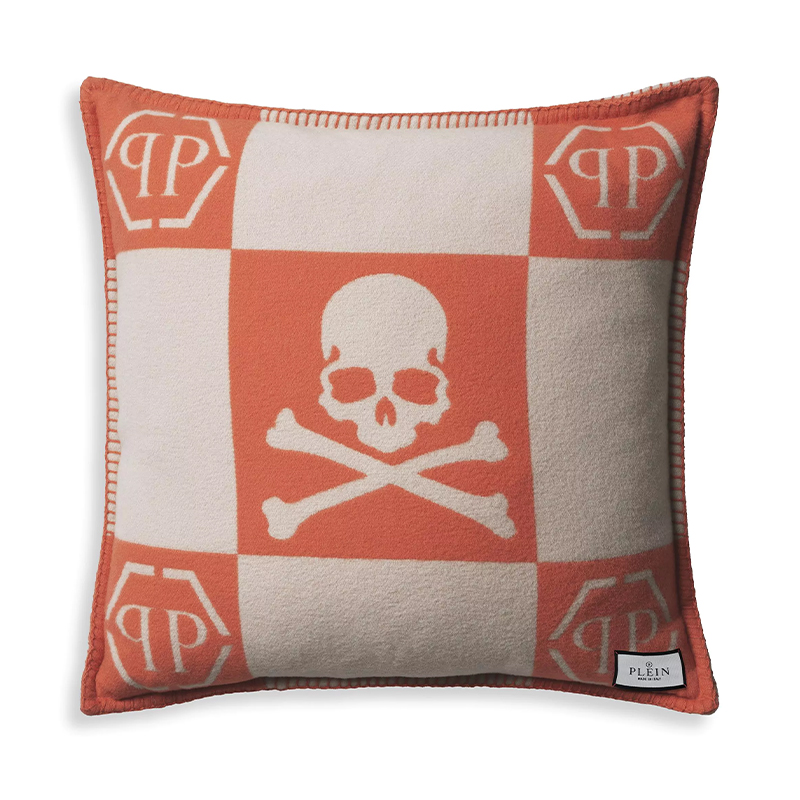 Подушка Philipp Plein Cushion Cashmere Skull 45 x 45 Orange Оранжевый Белый в Санкт-петербурге | Loft Concept 