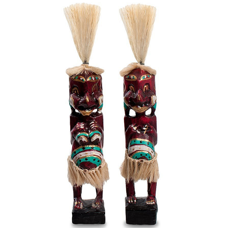 Комплект из 2-х деревянных статуэток Asmat Straw Headdress Statuettes Red Turquoise Tattoo Красный Бежевый Бирюзовый Белый в Санкт-петербурге | Loft Concept 