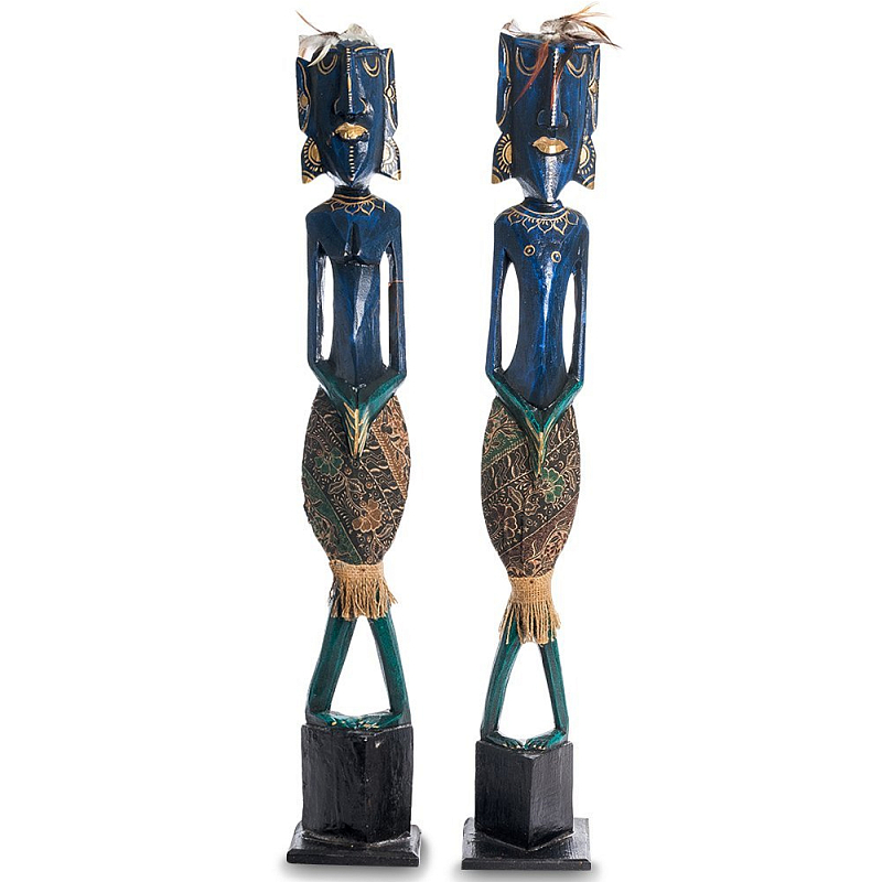 Комплект из 2-х деревянных статуэток Asmat Tall Statuettes Blue Green Синий Зеленый Мульти в Санкт-петербурге | Loft Concept 