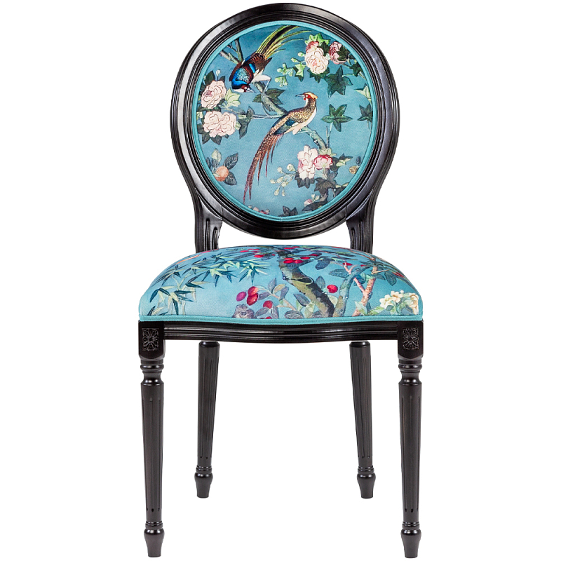 Стул из массива бука бирюзовый с изображением птиц и цветов Turquoise Chinoiserie Birds Garden Chair Бирюзовый Мульти Черный в Санкт-петербурге | Loft Concept 