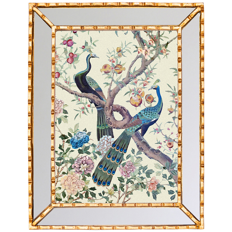 Постер в зеркальной раме в стиле шинуазри Chinoiserie Imperial Garden Peacocks on a Tree Poster Бежевый Бирюзовый Мульти Золотой Зеркало в Санкт-петербурге | Loft Concept 