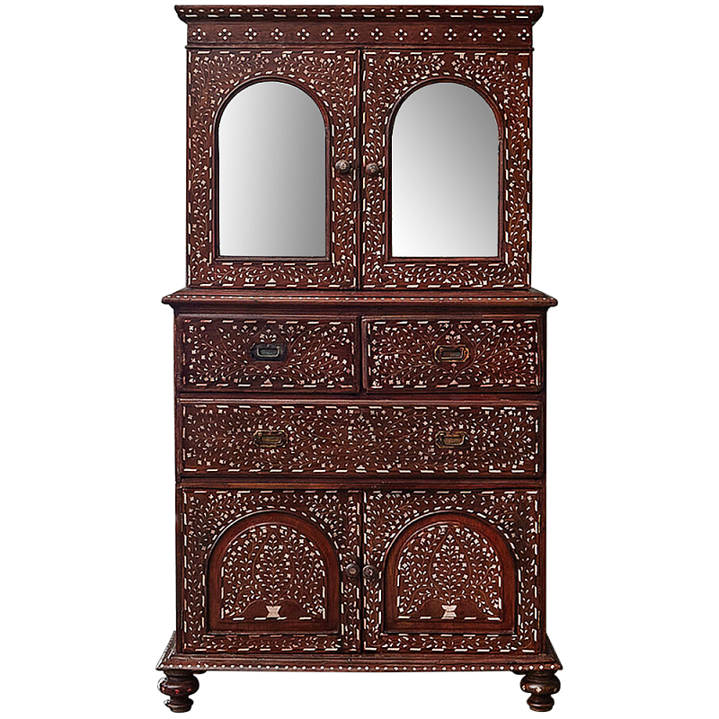 Буфет из массива тика инкрустированный костью Wooden Bone Inlay Mirror Cupboard Коричневый Белый Зеркало Винтажная латунь в Санкт-петербурге | Loft Concept 