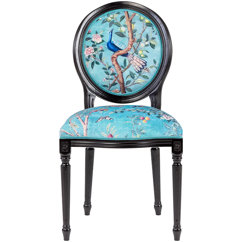 Стул из массива бука бирюзовый с изображением птиц в саду Turquoise Chinoiserie Blue Bird Chair Бирюзовый Мульти Черный в Санкт-петербурге | Loft Concept 