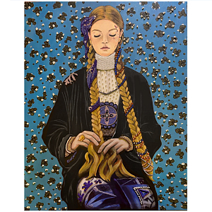 Панно ручная вышивка бисером Портрет девушки в голубых тонах