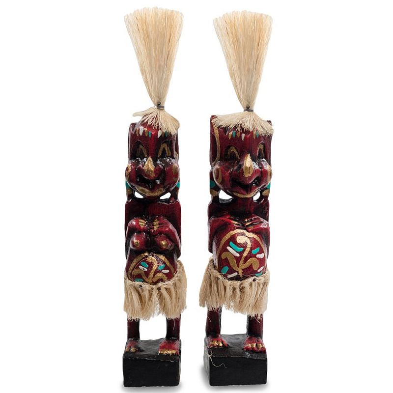 Комплект из 2-х деревянных статуэток Asmat Straw Headdress Statuettes Red Tattoo Красный Бежевый Золотой Мульти в Санкт-петербурге | Loft Concept 