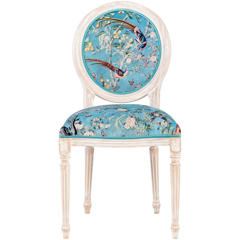 Стул из массива бука бирюзовый с изображением птиц и цветов Turquoise Beige Chinoiserie Birds Garden Chair Мульти Бирюзовый Бежевый в Санкт-петербурге | Loft Concept 