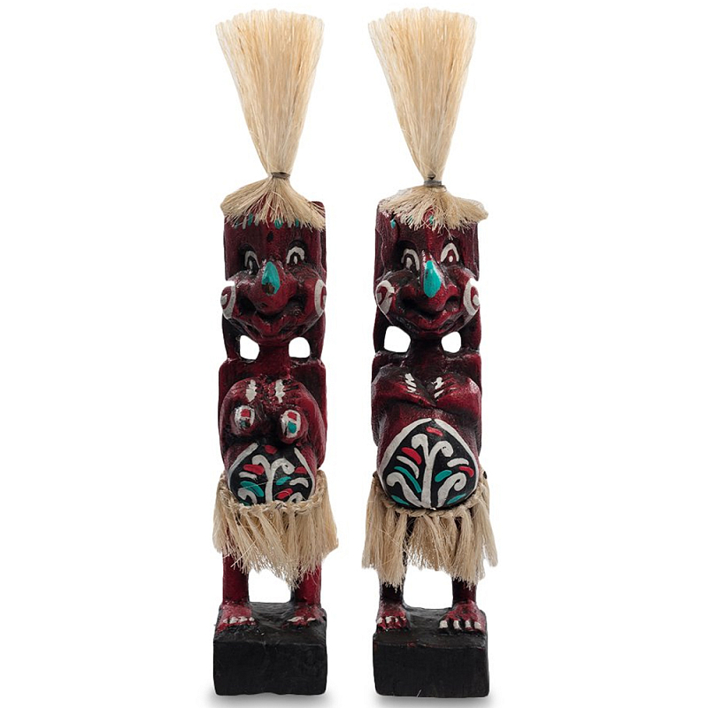 Комплект из 2-х деревянных статуэток Asmat Straw Headdress Statuettes Red Turquoise Красный Бежевый Бирюзовый Белый Мульти в Санкт-петербурге | Loft Concept 