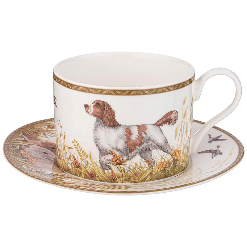 Чайная пара из фарфора с изображением собаки и зайцев 300 мл Hunting Porcelain Collection Белый Коричневый Мульти в Санкт-петербурге | Loft Concept 