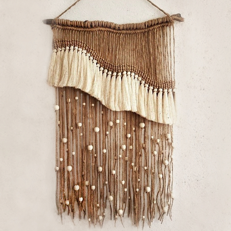 Дизайнерское Панно Дюна Макраме из нитей и бусин Wall Panel Dune Светло-бежевый Коричневый в Санкт-петербурге | Loft Concept 