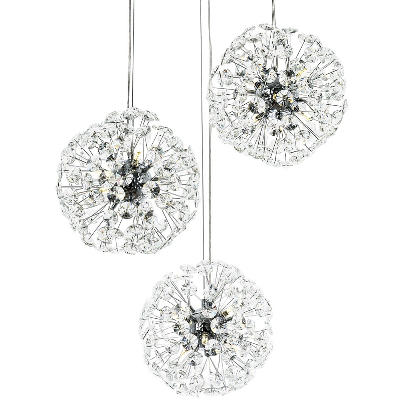 Подвесной светильник с 3-мя плафонами Crystal Dandelions Chrome Hanging Lamp Прозрачный Хром в Санкт-петербурге | Loft Concept 