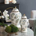 Ваза белая с крышкой с рисунком зеленых и золотых листьев 48 см Chinoiserie Ceramics варинант исполнения - 4 | Loft Concept в Санкт-петербурге