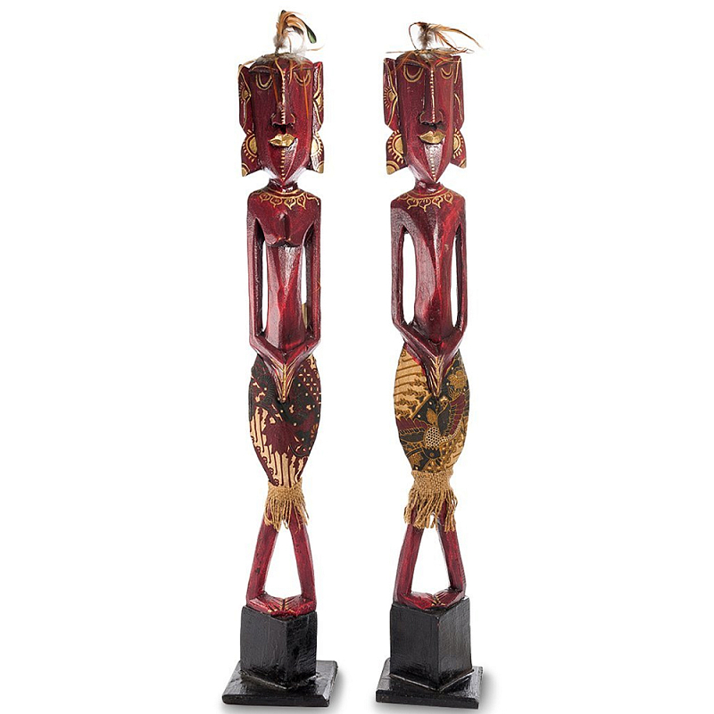 Комплект из 2-х деревянных статуэток Asmat Tall Red Statuettes Красный Золотой Черный в Санкт-петербурге | Loft Concept 