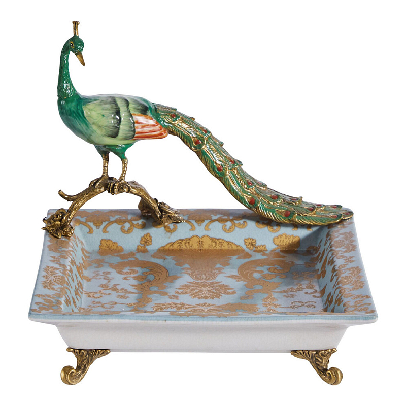 Блюдо квадратное с павлином на бронзовых ножках Eden Garden Голубой Бронза Мульти в Санкт-петербурге | Loft Concept 