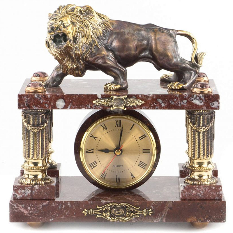 Часы настольные из креноида и бронзы с декором в виде льва Lion Stone Clock Коричневый Бронза в Санкт-петербурге | Loft Concept 