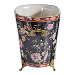 Кашпо из фарфора черная с цветочной росписью и бронзовой стрекозой Spring Garden варинант исполнения - 2 | Loft Concept в Санкт-петербурге