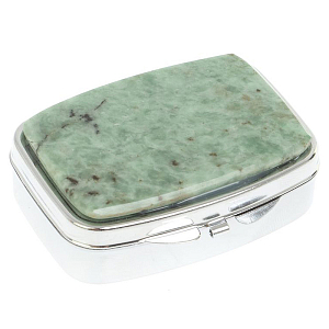 Таблетница карманная прямоугольная с 2-мя отделениями с зеркалом и накладкой из натурального камня Жадеит Silver Stone Pillboxes