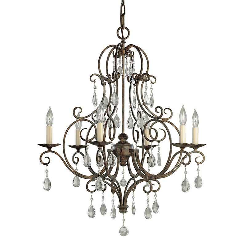 Люстра бронзового цвета с 6-ю лампами и подвесками из оптического стекла в классическом стиле Feiss Бронза Кремовый Прозрачное Стекло в Санкт-петербурге | Loft Concept 