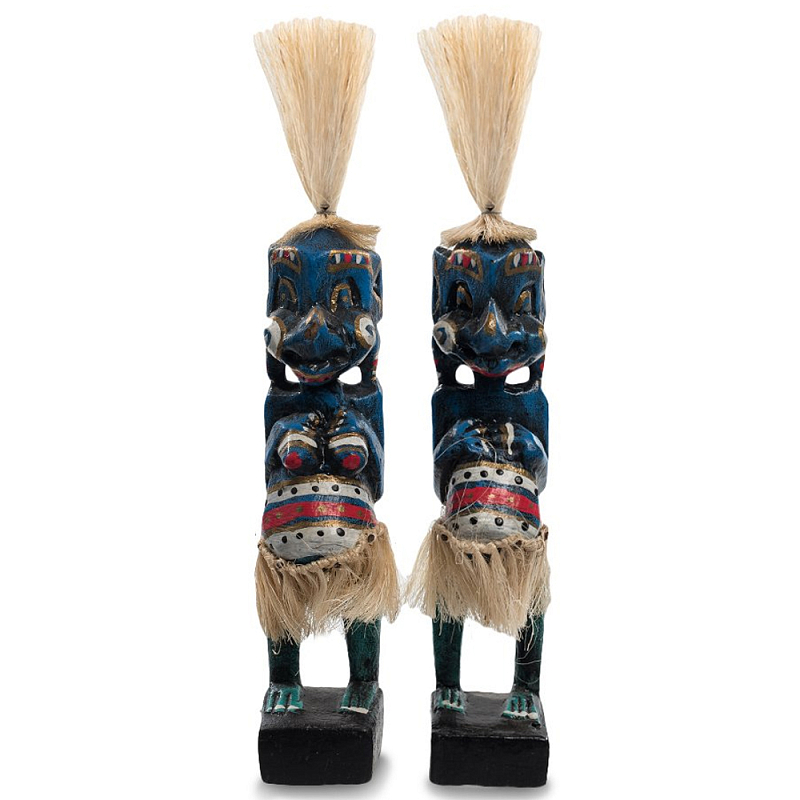 Комплект из 2-х деревянных статуэток Asmat Straw Headdress Statuettes Blue Colorful Tattoo Синий Черный Бежевый Красный Бирюзовый Мульти в Санкт-петербурге | Loft Concept 