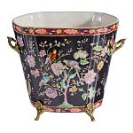 Кашпо из фарфора черная с цветочной росписью и бронзовой стрекозой Spring Garden варинант исполнения - 1 | Loft Concept в Санкт-петербурге