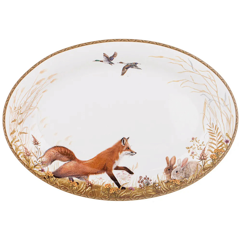 Блюдо овальное из фарфора с изображением животных Hunting Porcelain Collection Белый Мульти в Санкт-петербурге | Loft Concept 