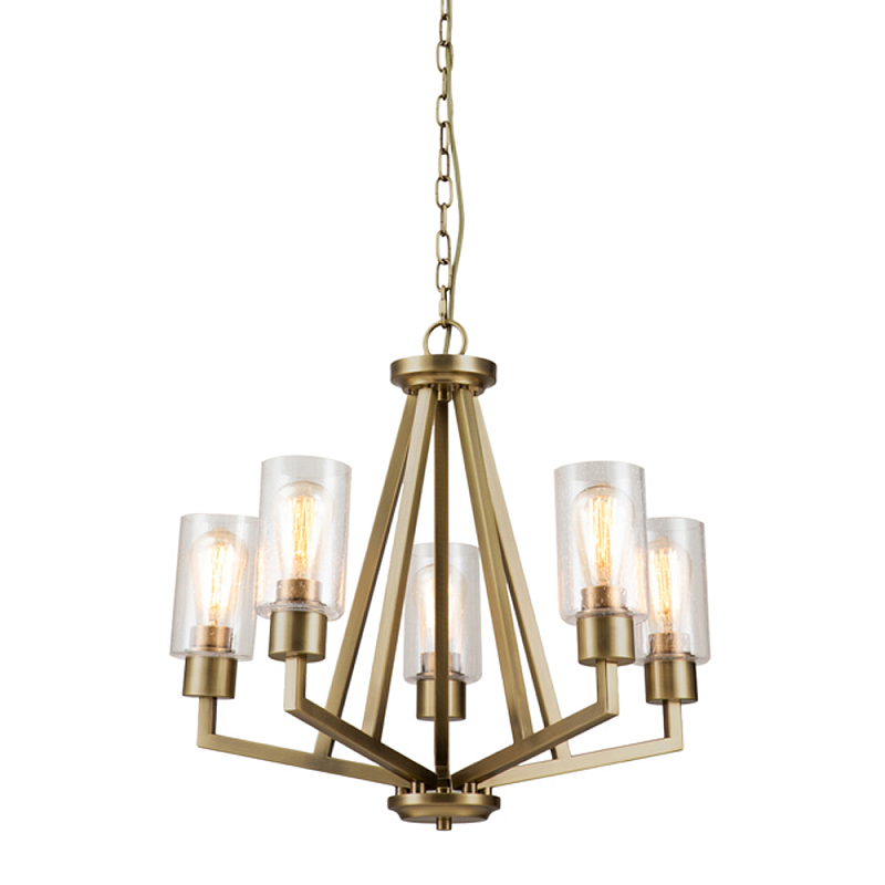 Люстра цвета латунь с 5-ю цилиндрическими плафонами из прозрачного пузырчатого стекла Kichler Латунь Прозрачное Стекло в Санкт-петербурге | Loft Concept 