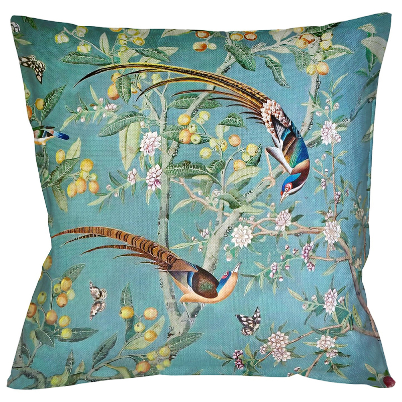 Подушка декоративная с изображением птиц в саду Chinoiserie Birds in a Tree Cushion Мульти Бирюзовый в Санкт-петербурге | Loft Concept 