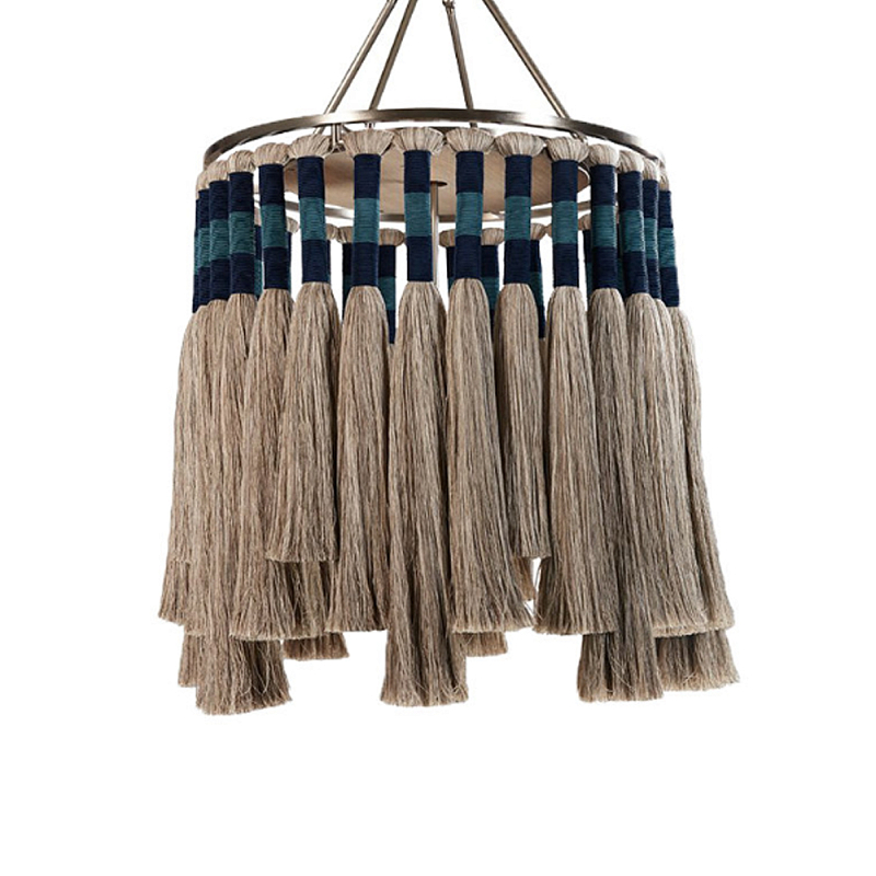 Люстра круглая плетеная с кисточками цвета серый дуб Boho Tassel Chandelier Серый Синий Никель в Санкт-петербурге | Loft Concept 