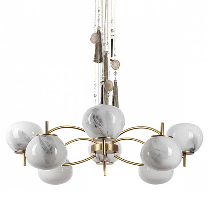 Люстра подвесная с 8-ю шарообразными плафонами из белого стекла с подвесками из камня и кисточками Agatelle Латунь Бежевый Серый Белый в Санкт-петербурге | Loft Concept 