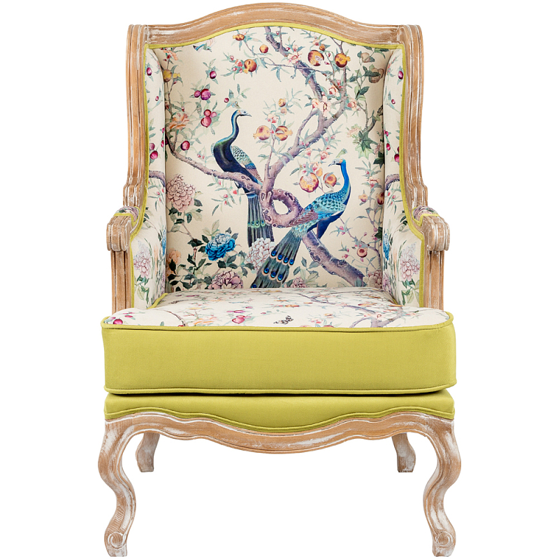 Кресло из натурального бука бежевое с изображением птиц и цветов Beige Green Chinoiserie Garden Armchair Мульти Бежевый Салатовый в Санкт-петербурге | Loft Concept 