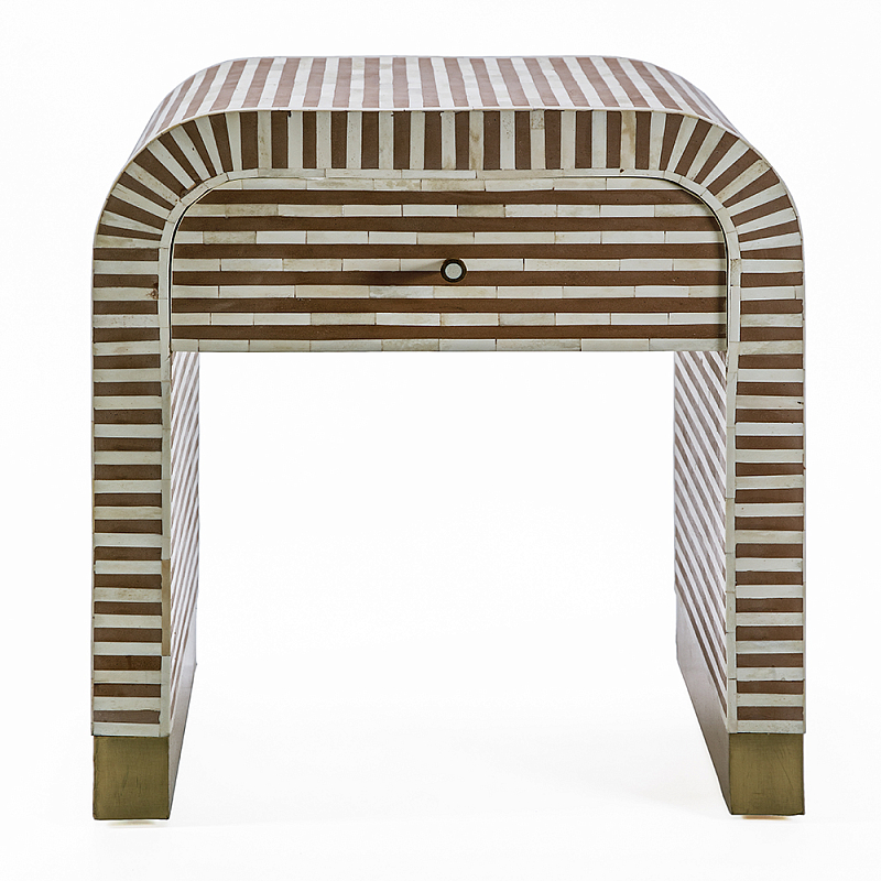 Тумбочка прикроватная с ящиком Tofino Stripes Bone Inlay Bedside Beige ivory ( слоновая кость ) Коричневый Золотой в Санкт-петербурге | Loft Concept 