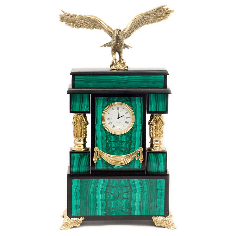 Часы настольные из натурального камня Малахит с декором в виде орла Eagle Stone Clock Малахит Золотой Черный в Санкт-петербурге | Loft Concept 