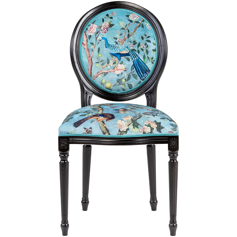 Стул из массива бука бирюзовый с изображением птиц в саду Turquoise Chinoiserie Bird Chair Бирюзовый Мульти Черный в Санкт-петербурге | Loft Concept 