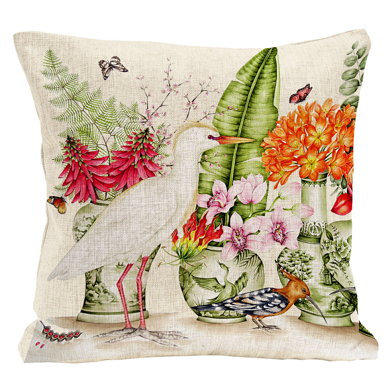 Декоративная подушка White Heron and Hoopoe Pillow Мульти Бежевый в Санкт-петербурге | Loft Concept 