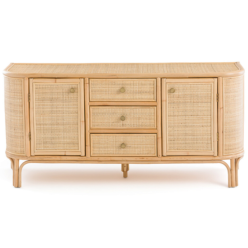 Длинный комод из ротанга с дверцами и ящиками Simone Rattan Chest of Drawers Древесина Латунь в Санкт-петербурге | Loft Concept 