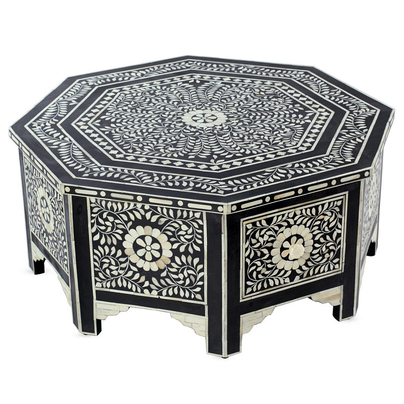 Стол черный отделка кость BONE INLAY Black Bone Inlay Octagon Coffee Table ivory ( слоновая кость ) Черный в Санкт-петербурге | Loft Concept 