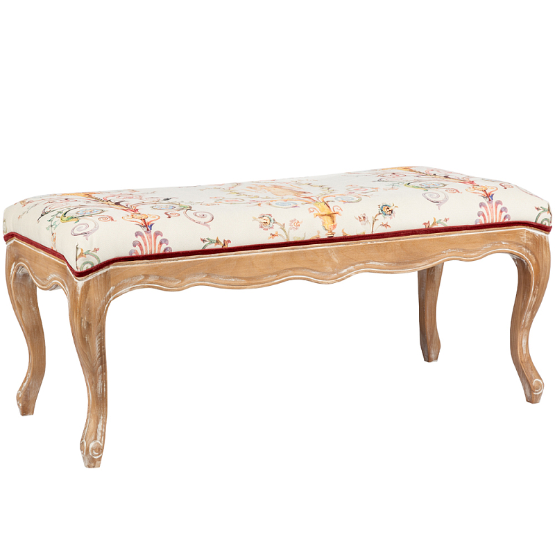 Банкетка из массива бука бежевая с растительным орнаментом Raffael Beige Floral Banquette Бежевый Мульти Светлый дуб в Санкт-петербурге | Loft Concept 