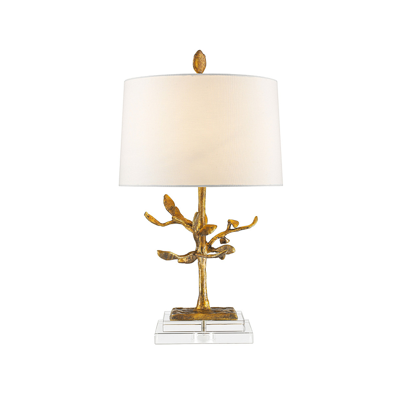 Настольная лампа с кремовым льняным цилиндрическим абажуром и ножкой в форме золотистой ветки Gilded Nola Золотой Белый Бежевый в Санкт-петербурге | Loft Concept 