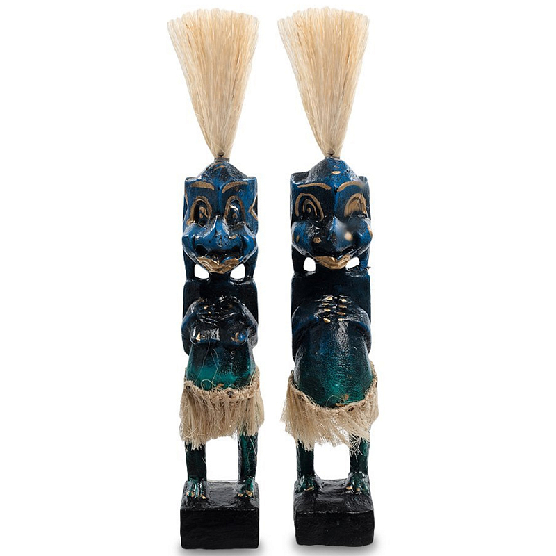 Комплект из 2-х деревянных статуэток Asmat Straw Headdress Statuettes Blue Синий Бирюзовый Бежевый в Санкт-петербурге | Loft Concept 