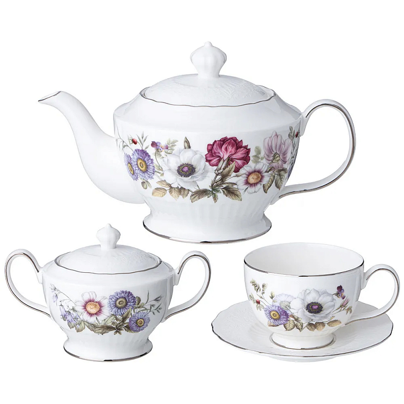 Чайный сервиз из фарфора с рисунком цветов на 6 персон 14 предметов Garden Whisper Porcelain Set  Белый Мульти в Санкт-петербурге | Loft Concept 