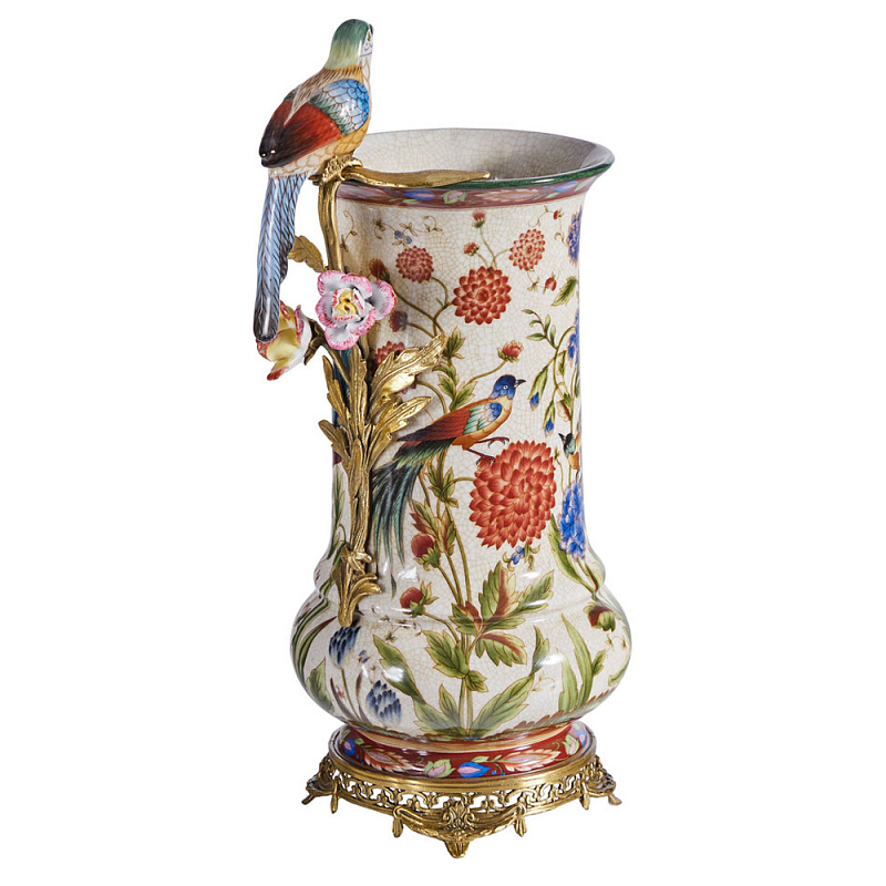 Ваза фарфоровая с птицей на бронзовой ветке и цветочной росписью Garden of Eden Бронза Мульти в Санкт-петербурге | Loft Concept 