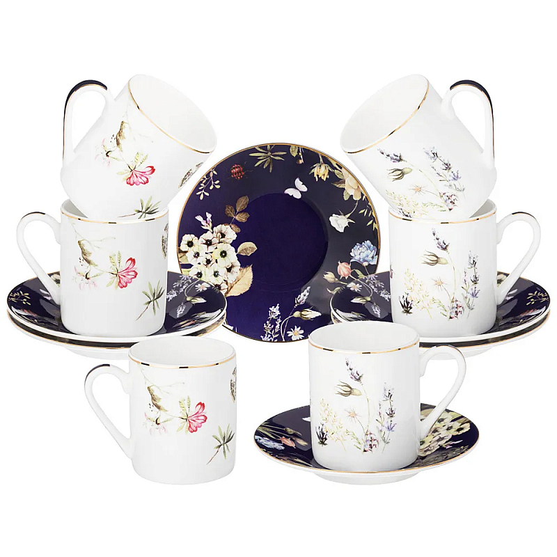 Кофейный набор из фарфора с рисунком цветов 100 мл Garden Whisper Porcelain Set  Белый Темно-синий Мульти в Санкт-петербурге | Loft Concept 