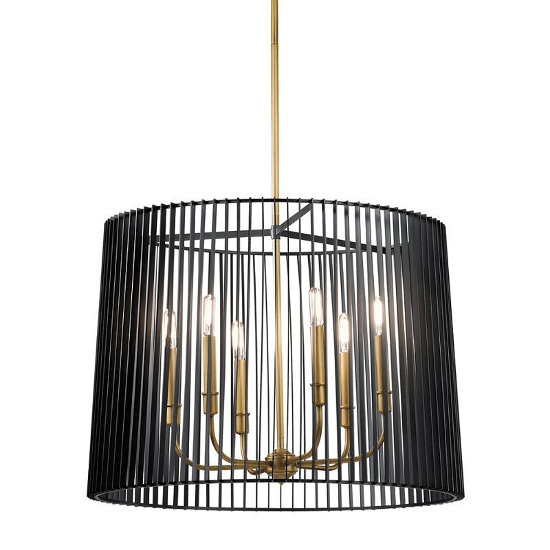Люстра цвета латунь с 6-ю лампами свечами внутри цилиндрического абажура из черных металлических реек Kichler Латунь Черный в Санкт-петербурге | Loft Concept 