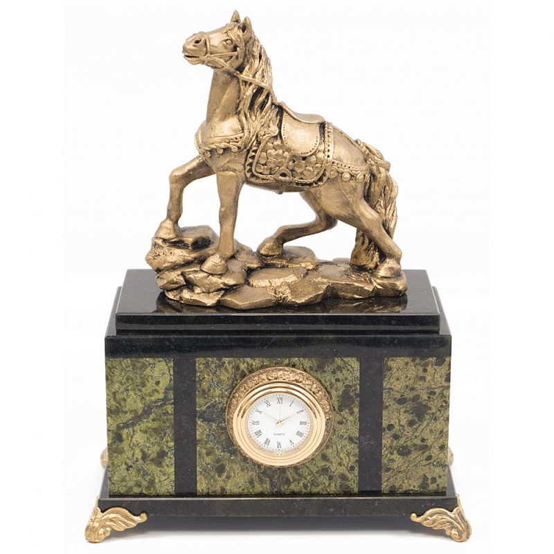 Часы настольные из натурального камня с декором в виде коня Horse Stone Clock Коричневый Черный Зеленый Золотой в Санкт-петербурге | Loft Concept 