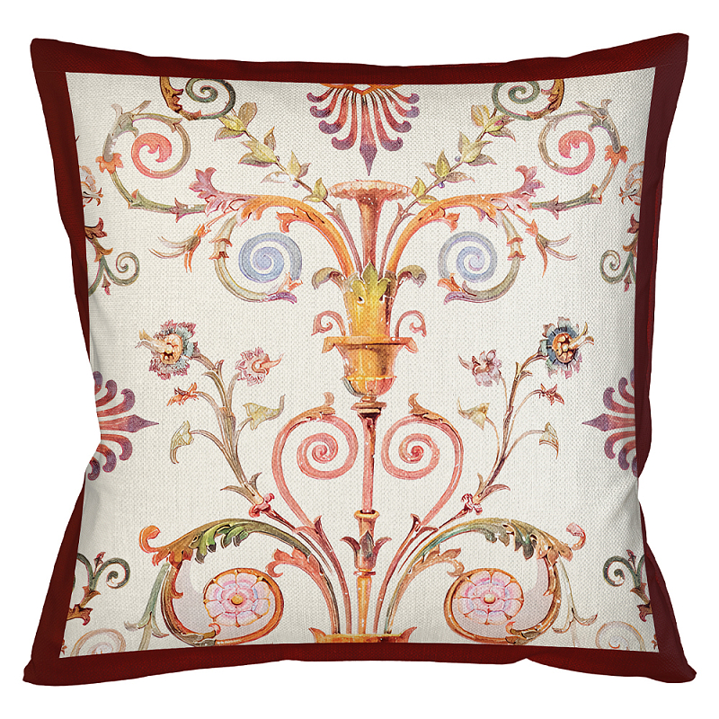 Декоративная подушка бежевая с растительным орнаментом Raffael Floral Beige Red Cushion Бежевый Мульти Бургундский красный в Санкт-петербурге | Loft Concept 