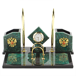 Настольный письменный набор из змеевика с часами и гербом Successful Leader варинант исполнения - 1 | Loft Concept в Санкт-петербурге