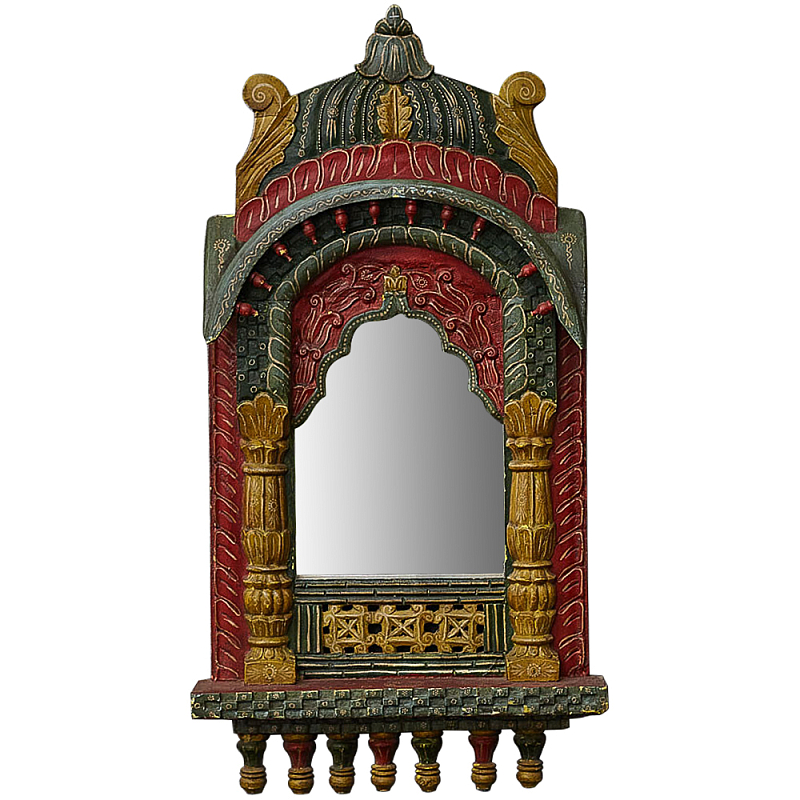 Настенное зеркало в резной раме из тропического дерева Carved Wood Mirror Colorful Красный Зеленый Желтый в Санкт-петербурге | Loft Concept 